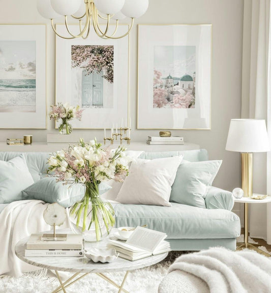Beautiful turquoise gallery wall Santorini prints turquoise living room ideas summer wall art