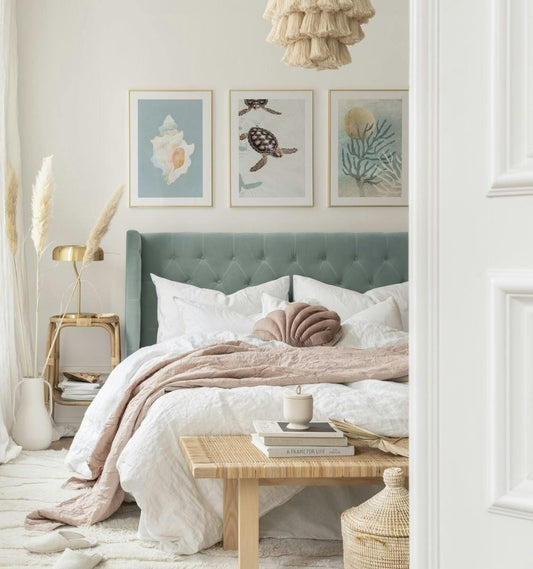 Close to the sea and corals gallery wall in blue for bedroom
